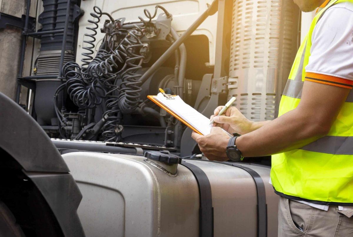semi-truck undergoing routine maintenance check